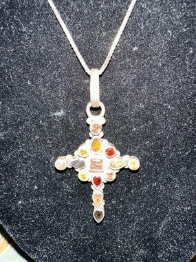 Sterling Silver Multicolor Gemstone Cross Pendant Necklace - Women